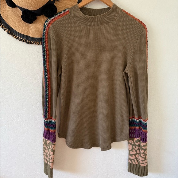 Free People Olive Green Switch It Up Crochet Trim Long Sleeve Thermal Top Large - Picture 8 of 16